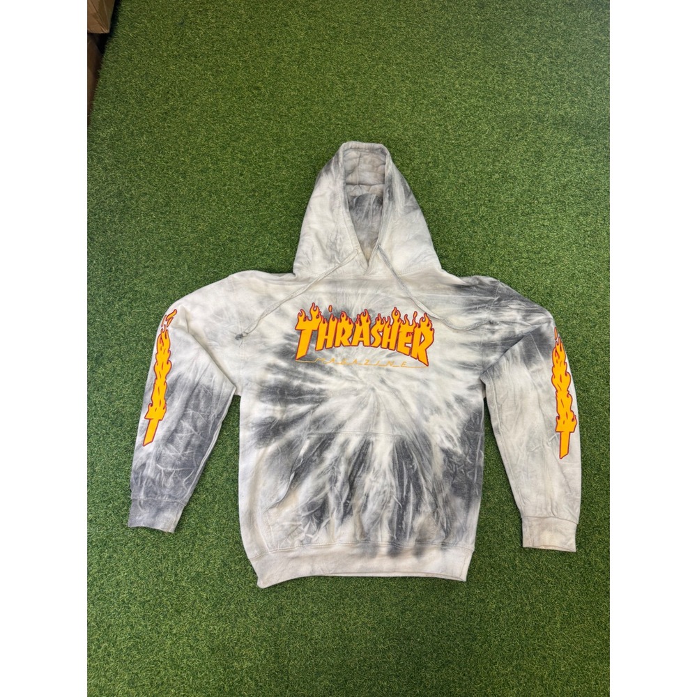 Thrasher Magazine Flame Logo Tie Dye Hoodie Grey White Mens Small S Sweatshirt